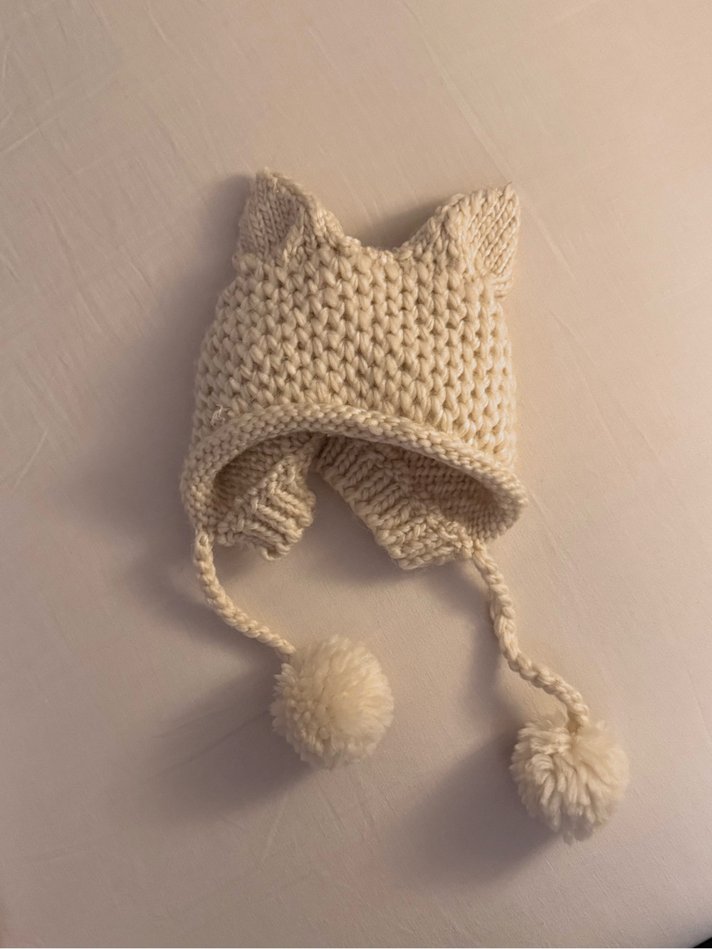 Cream Knit Earflap Baby Hat with Pom Poms